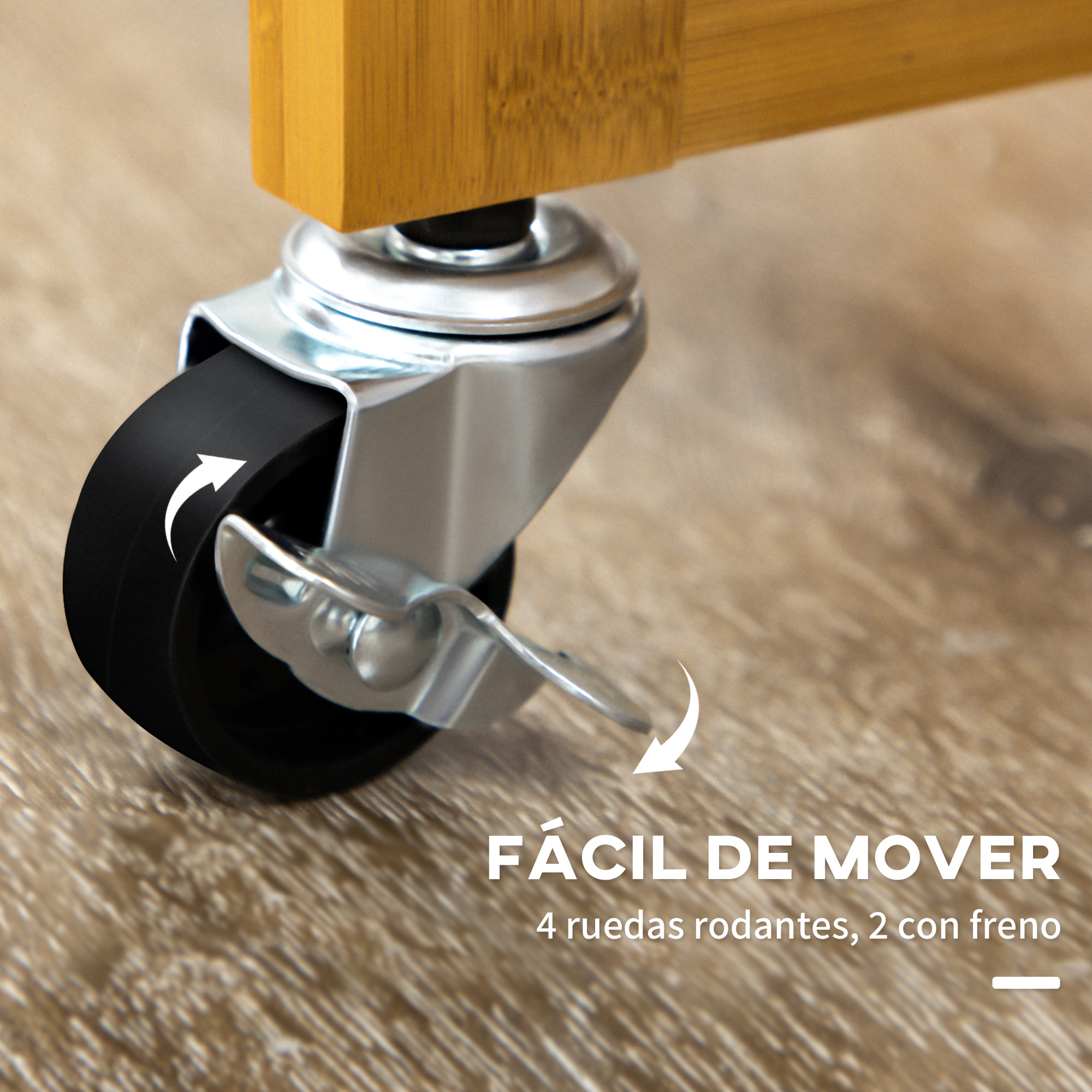 Juego de Mesa Alta de Bar y 2 Taburetes, Mesa Alta de Cocina de Bambú con Ruedas, Tablero Plegable, Ahorro Espacio, Cajones, Toalleros y Reposapiés, Marrón