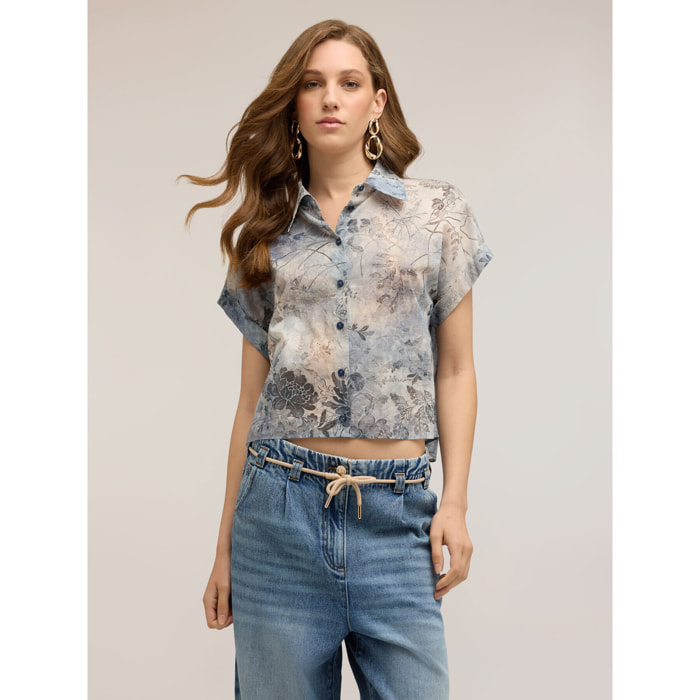 Motivi - Camisa cropped de muselina de algodón - Light - blue