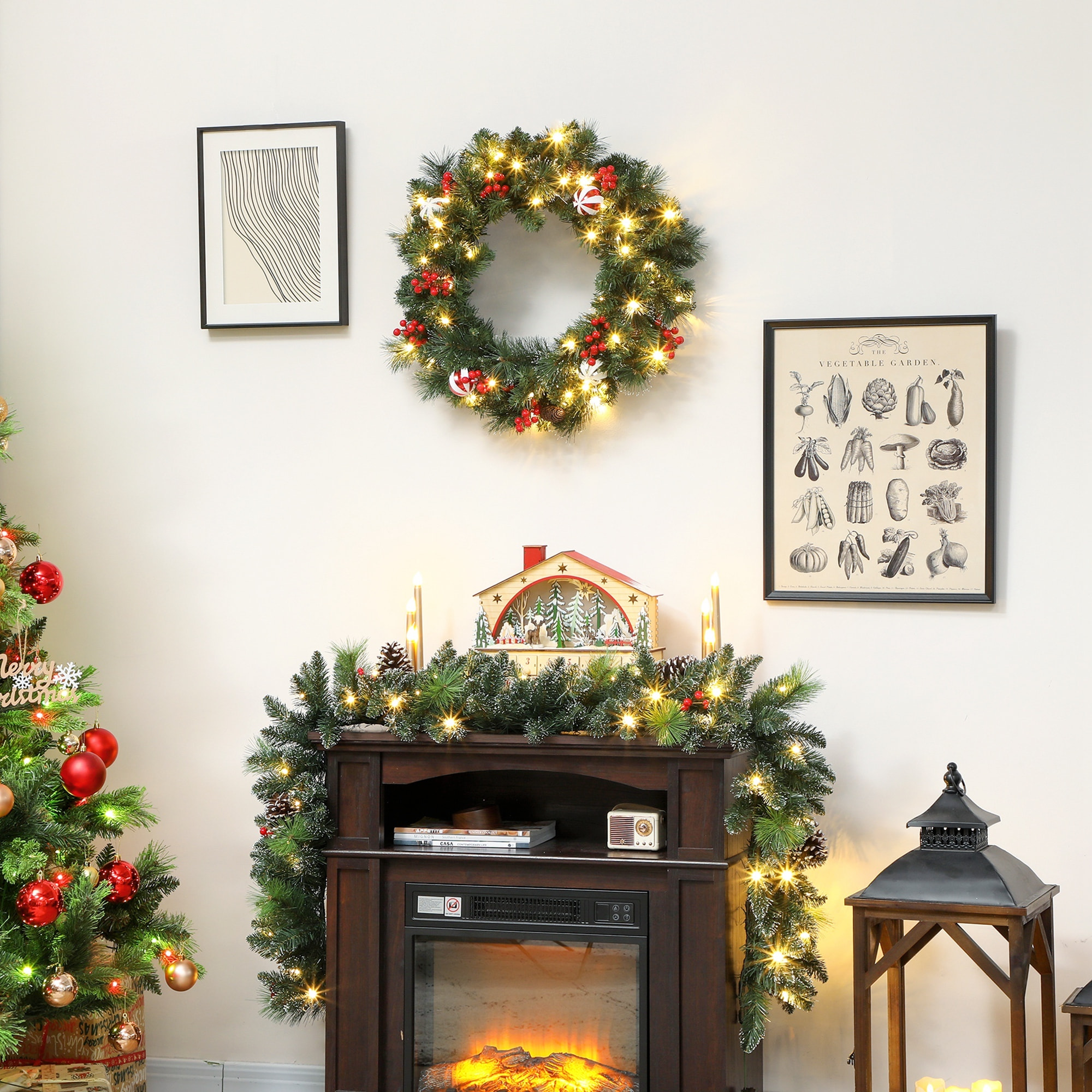 Couronne de Noël lumineuse LED décorée dia. 60 cm 50 LEDs blanc chaud timer vert