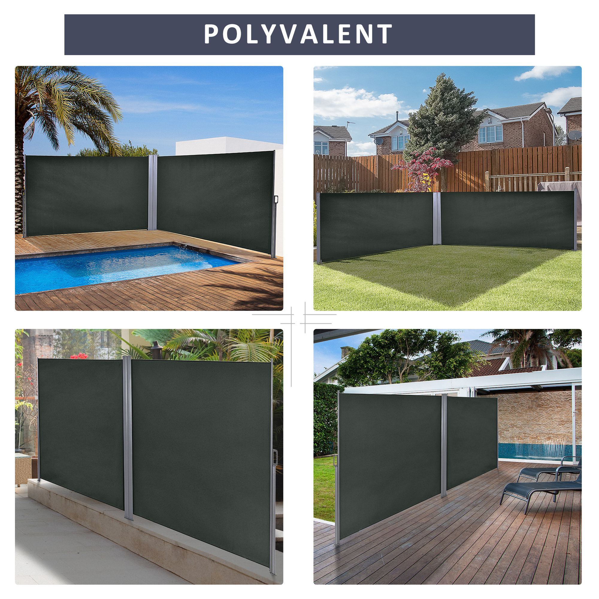 Double store latéral brise-vue paravent rétractable dim. 6L x 1,60H m polyester anti-UV haute densité gris