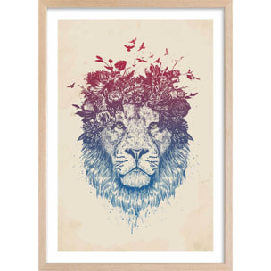 Affiche enfant lion aux fleurs  Affiche + cadre en bois - Chêne