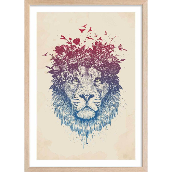 Affiche enfant lion aux fleurs  Affiche + cadre en bois - Chêne