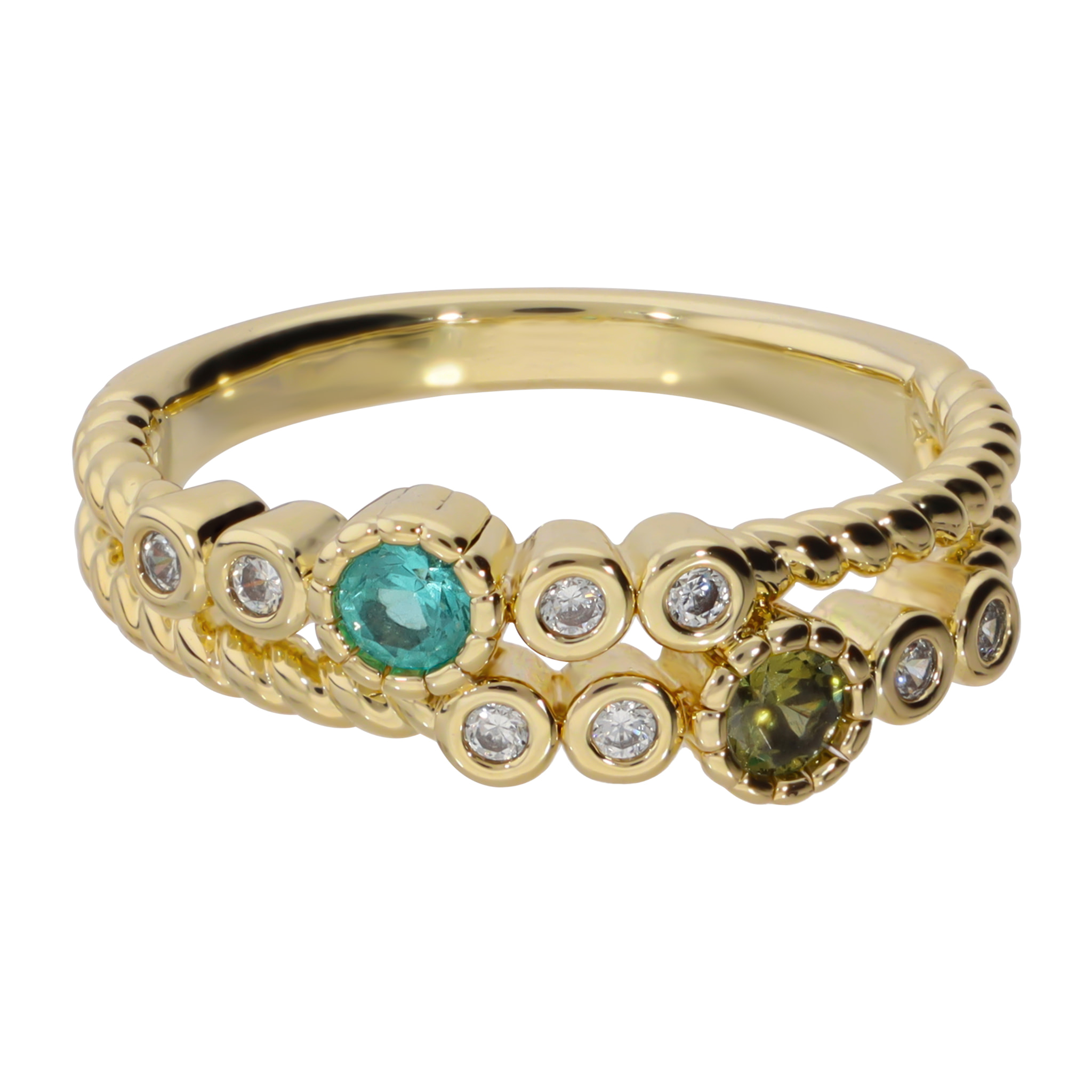 Anello Fedina Doppio Texture Corda con Cubic Zirconia Blu, Verdi e Bianche