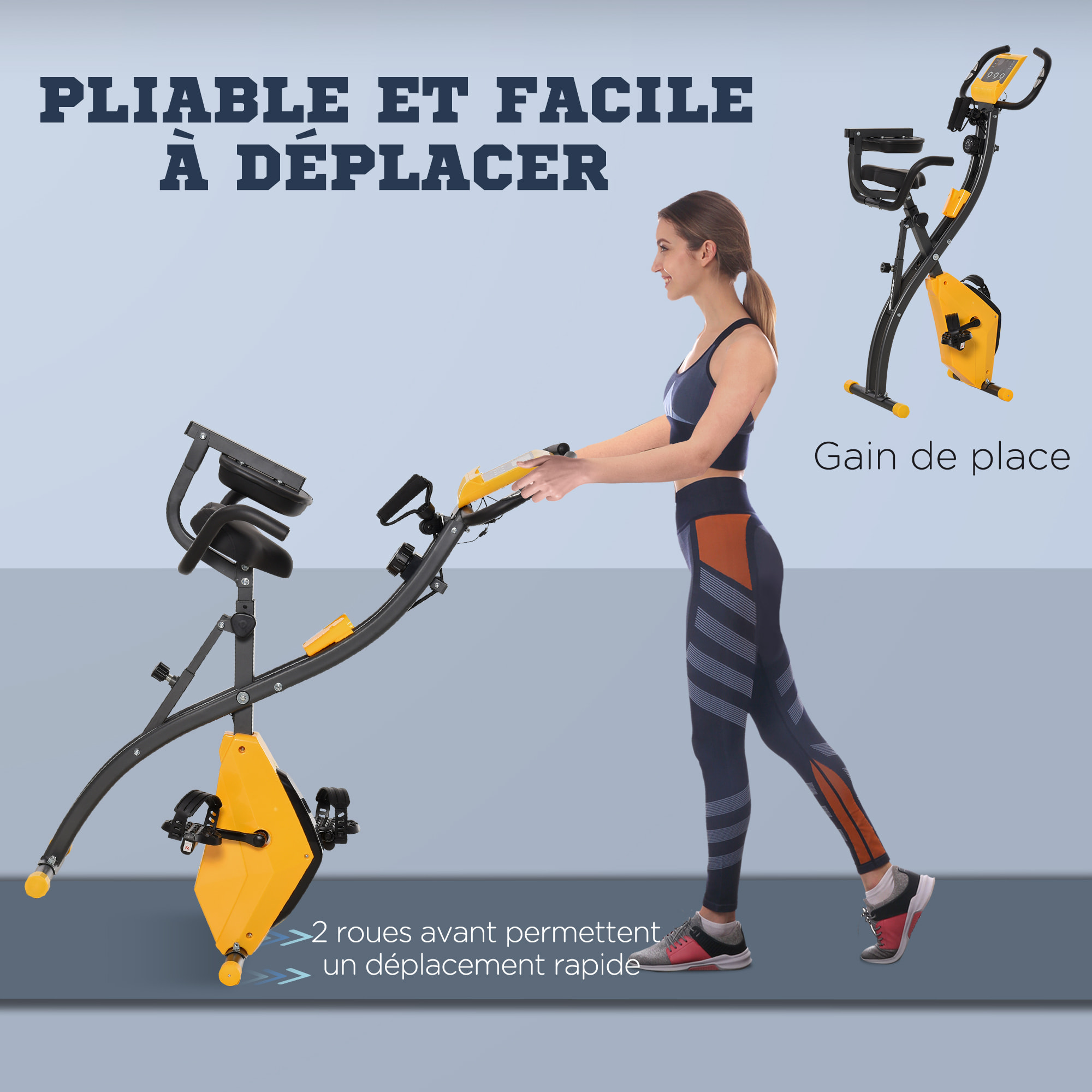 Vélo d'appartement pliant 8 niveaux de résistance magnétique dossier selle réglable poignées ergonomiques écran LCD multifonction suspensions support tablette acier jaune gris