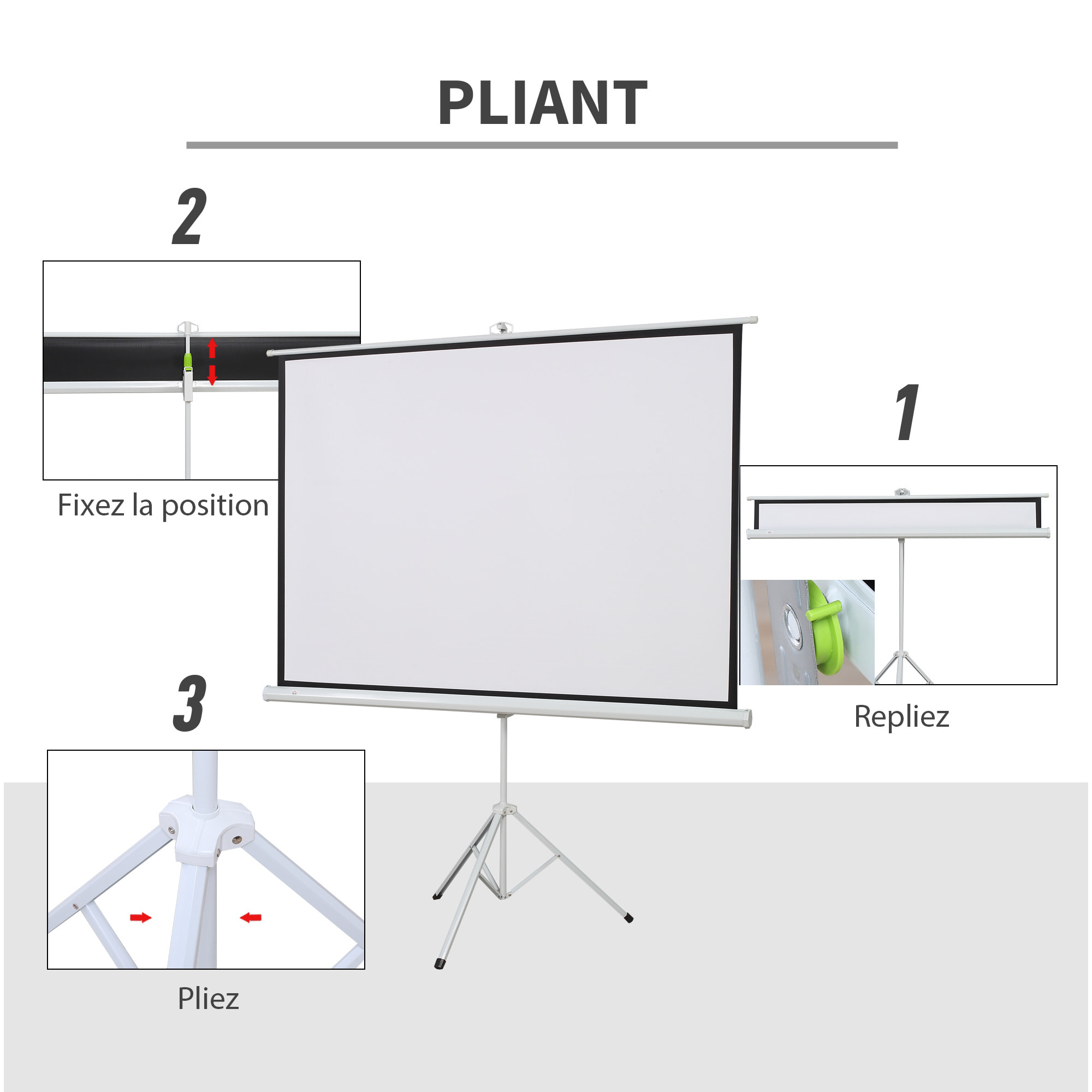 Écran de projection avec support trépied réglable en hauteur home-cinéma vidéo projecteur format 4:3 84 pouces blanc