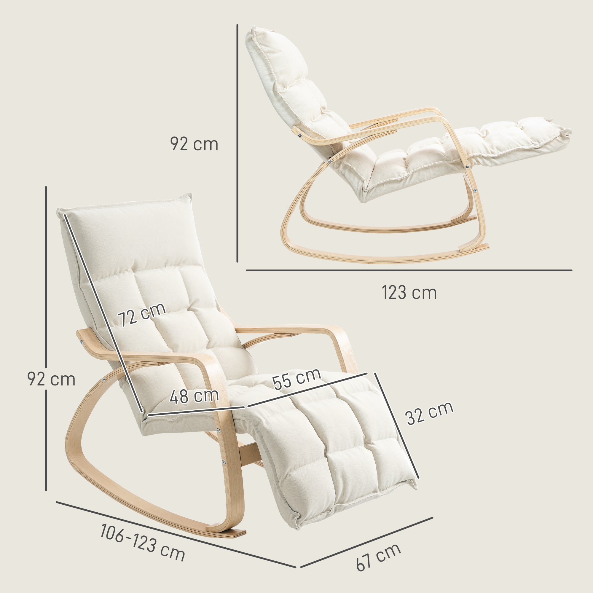 Fauteuil à bascule style nordique repose-pieds ajustable épais coussin blanc cassé bois clair cintré