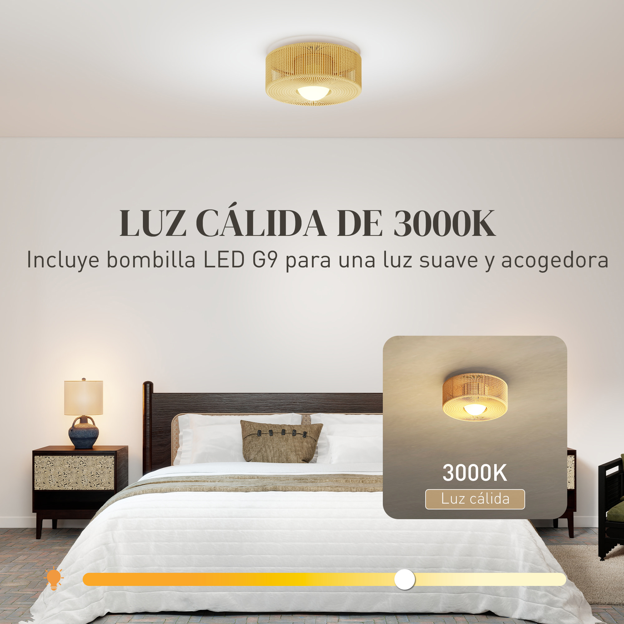 Lámpara de Techo con Bombilla LED G9, 20W, 3000 K, Plafón LED Techo Bohemio con Pantalla de Cuerda de Lino para Dormitorio, Salón, Cocina y Comedor, Marrón Claro