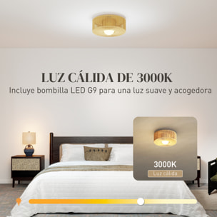 Lámpara de Techo con Bombilla LED G9, 20W, 3000 K, Plafón LED Techo Bohemio con Pantalla de Cuerda de Lino para Dormitorio, Salón, Cocina y Comedor, Marrón Claro