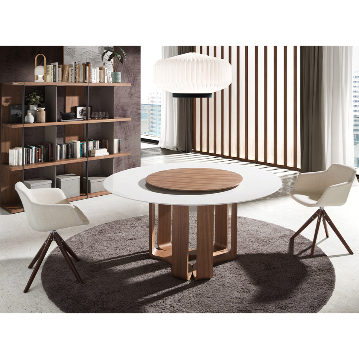 Mesa comedor Angel Cerdá redonda con tapa fija de mármol porcelánico blanco con vetas en gris en acabado brillo 150x150x75cm