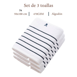 Set de 3 toallas de lavabo (100x50), 100% algodón, 470 gsm, en blanco con rayas, scalpers home