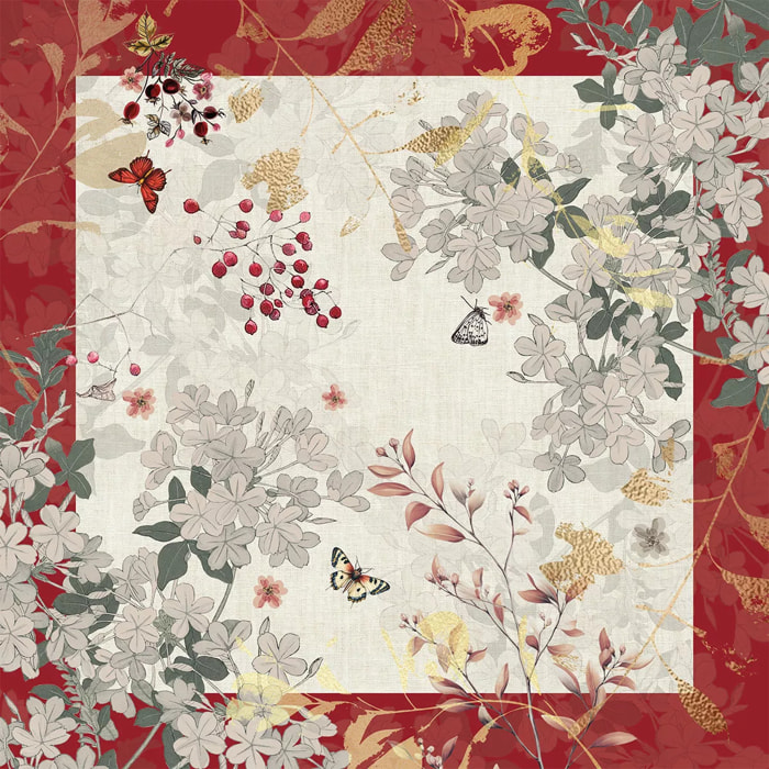 Serviette lin & coton lavé 150 g/m² imprimé beige bordeaux Vintage flowers cranberry