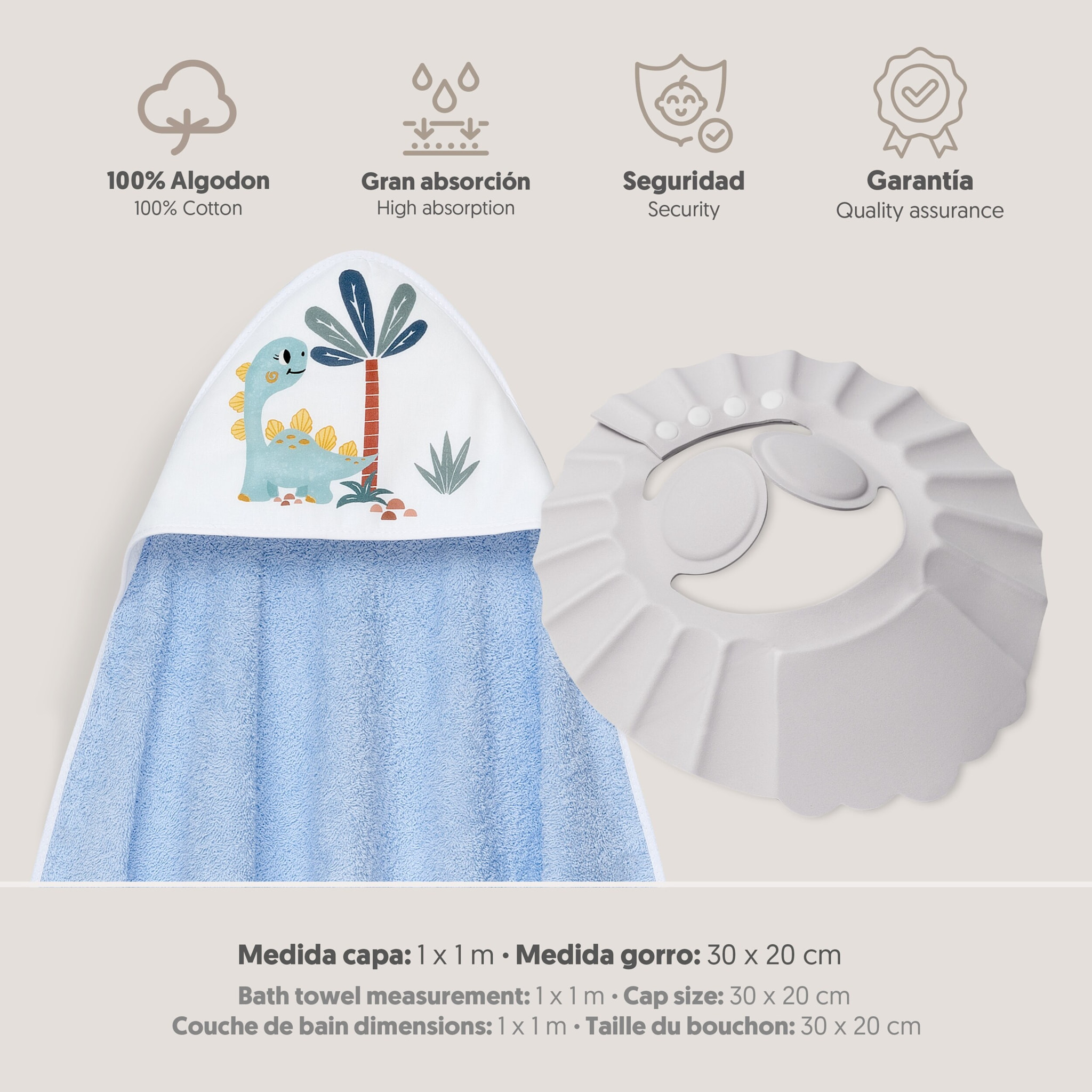 Capa Baño 1X1 Mod Estampado Dinosaurio Palmera+Gorro Azul