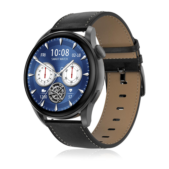 DAM Smartwatch DT3 con notificaciones, pantalla dividida, modos multideportivos y monitor cardíaco. Incluye correas de cuero y silicona. 4,5x1,2x5 Cm. Color: Negro