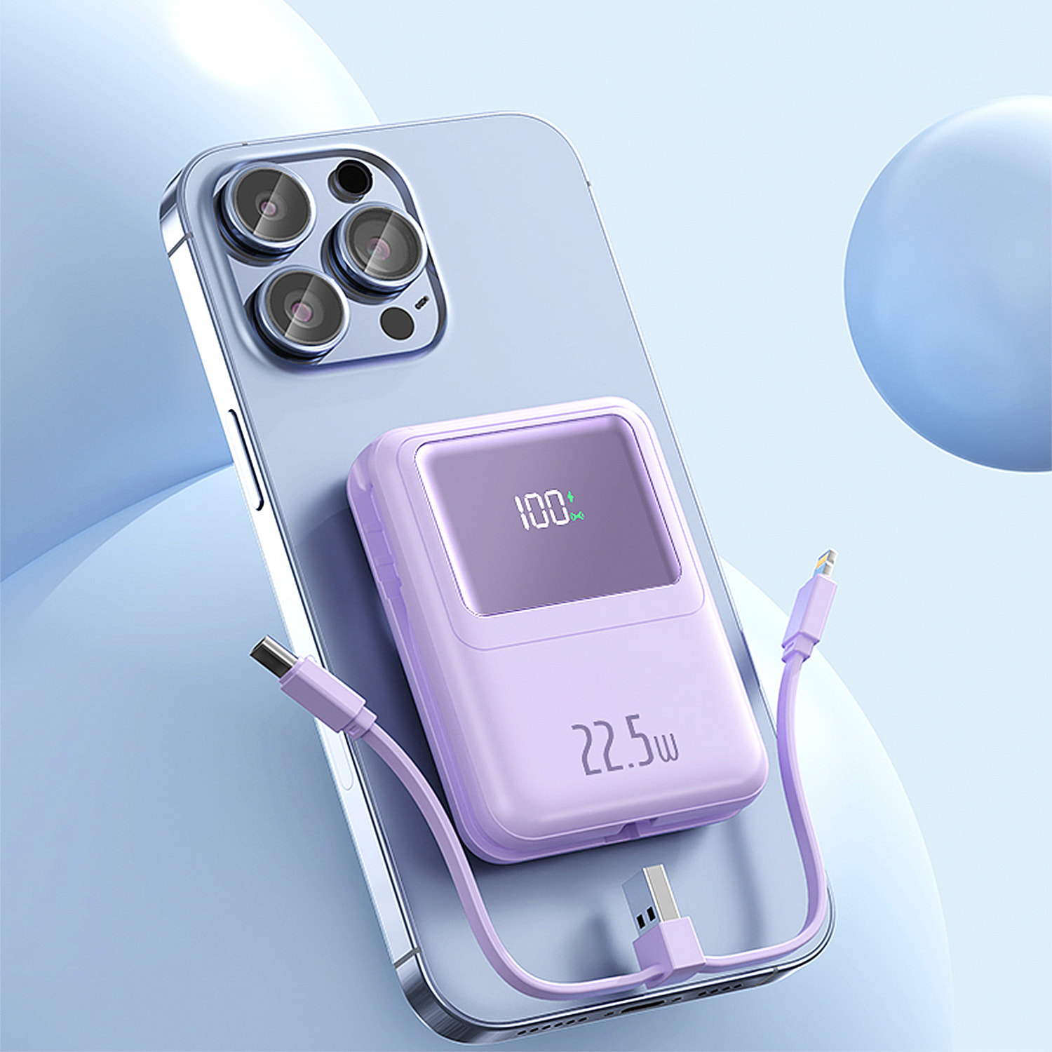 Powerbank 10.000mAh con ricarica rapida PD22,5W e ricarica wireless da 15W. Cavi USB-C e Lightning integrati. Schermo LED di carica.