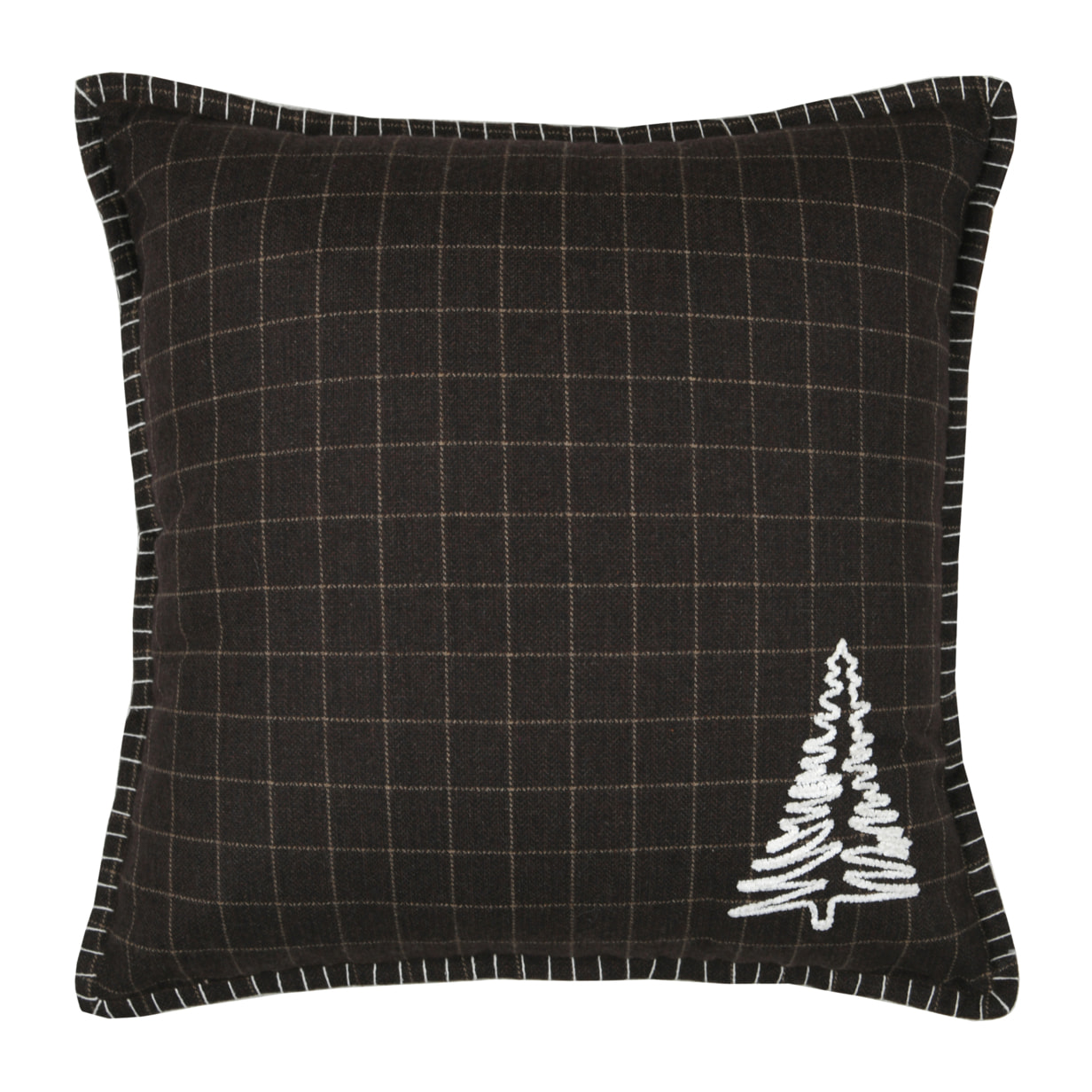 Coussin décoratif carré à carreaux et motif sapin - Marron Brun
