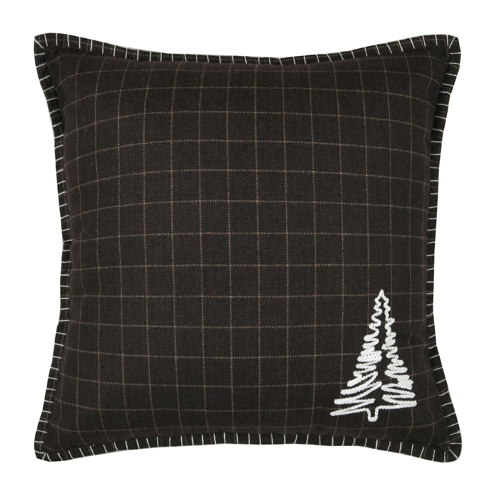 Coussin décoratif carré à carreaux et motif sapin - Marron Brun