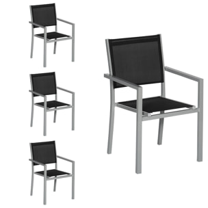 Lot de 4 chaises en aluminium gris - textilène noir