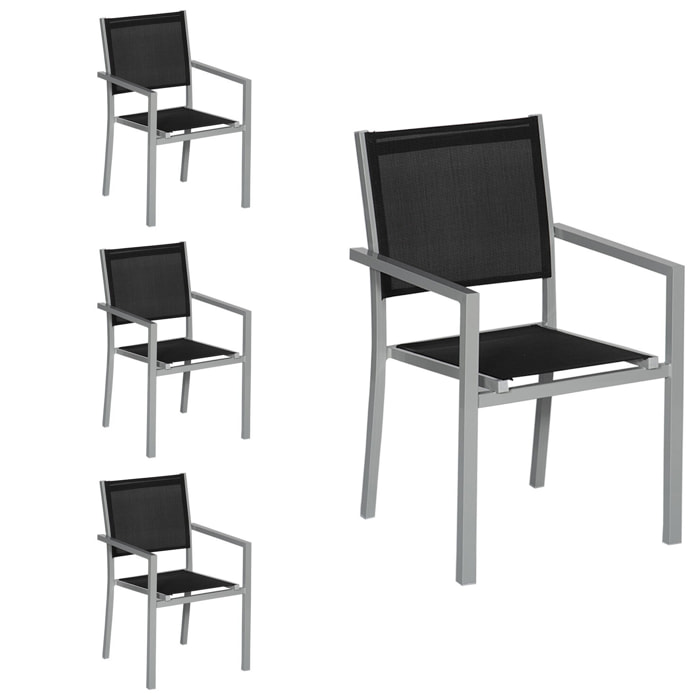 Lot de 4 chaises en aluminium gris - textilène noir