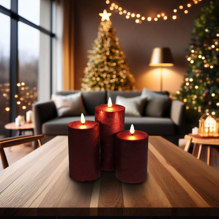 set de 3 velas led en color rojo de superficie rústica