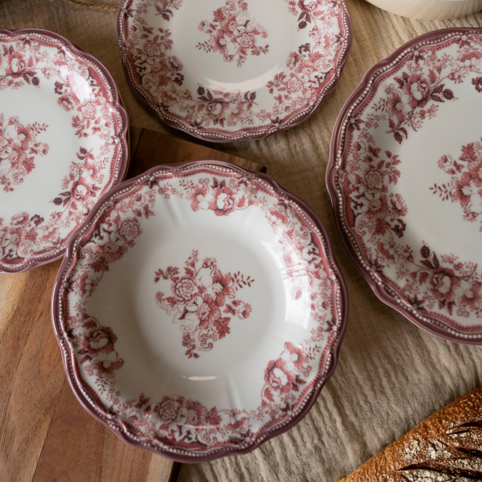 Lot de 6 assiettes creuses fleuries en porcelaine rose 22cm FAUSTINE
