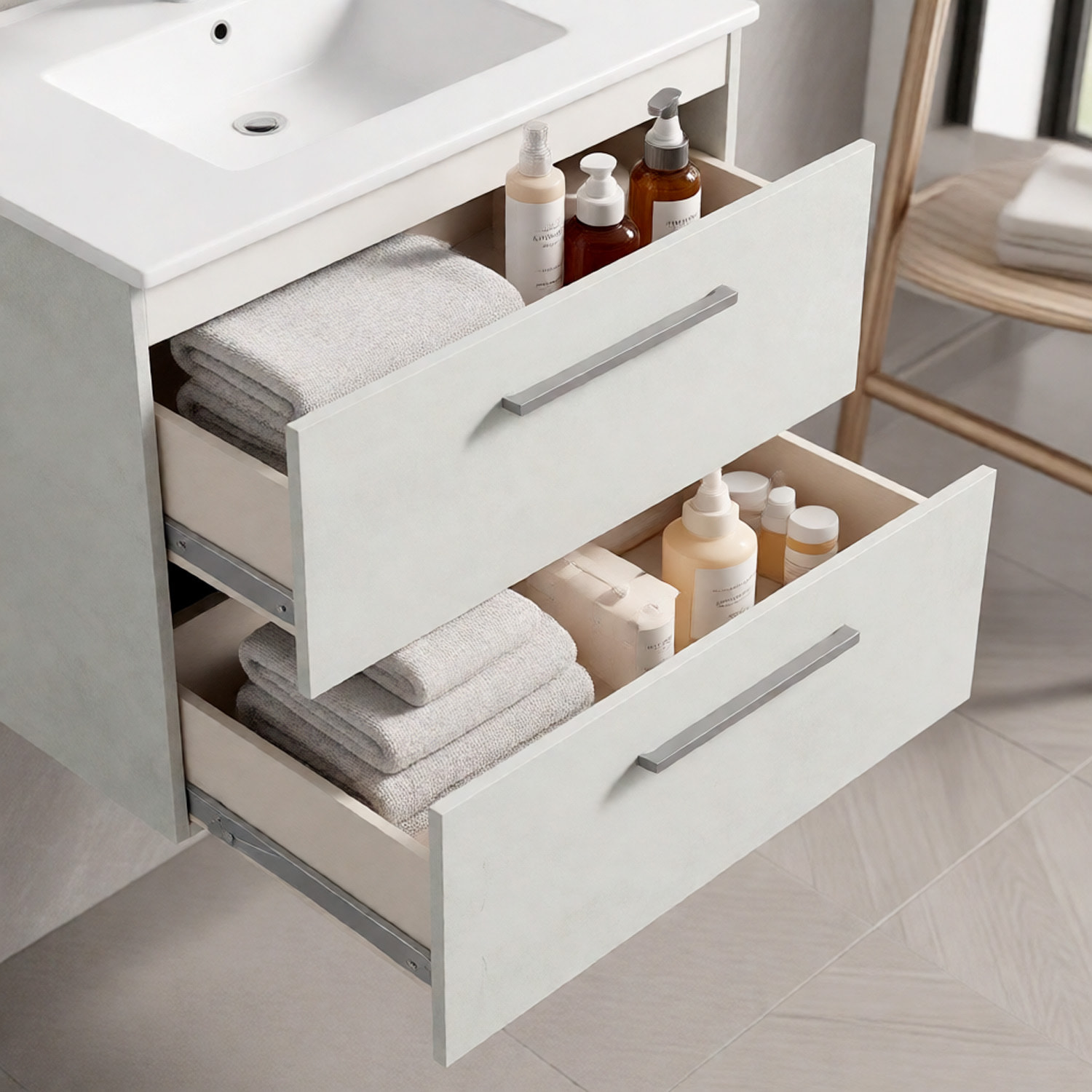 Mobile Mobiletto Bagno Sospeso Con 2 Cassettoni Soft Close Con Lavandino Lavabo In Ceramica E Specchio 57 x 80 x 45 Cm Colore Cemento Laccato