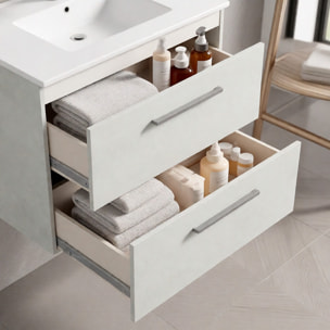 Mobile Mobiletto Bagno Sospeso Con 2 Cassettoni Soft Close Con Lavandino Lavabo In Ceramica E Specchio 57 x 80 x 45 Cm Colore Cemento Laccato