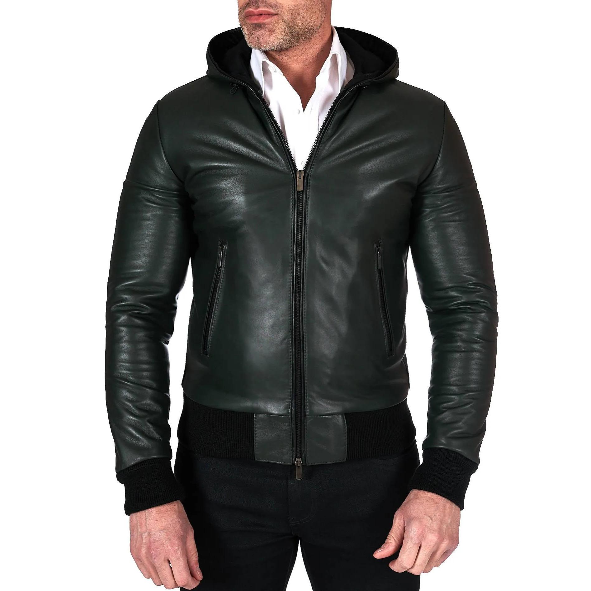 Giubbotto Bomber in pelle naturale verde con cappuccio