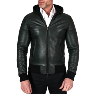 Giubbotto Bomber in pelle naturale verde con cappuccio