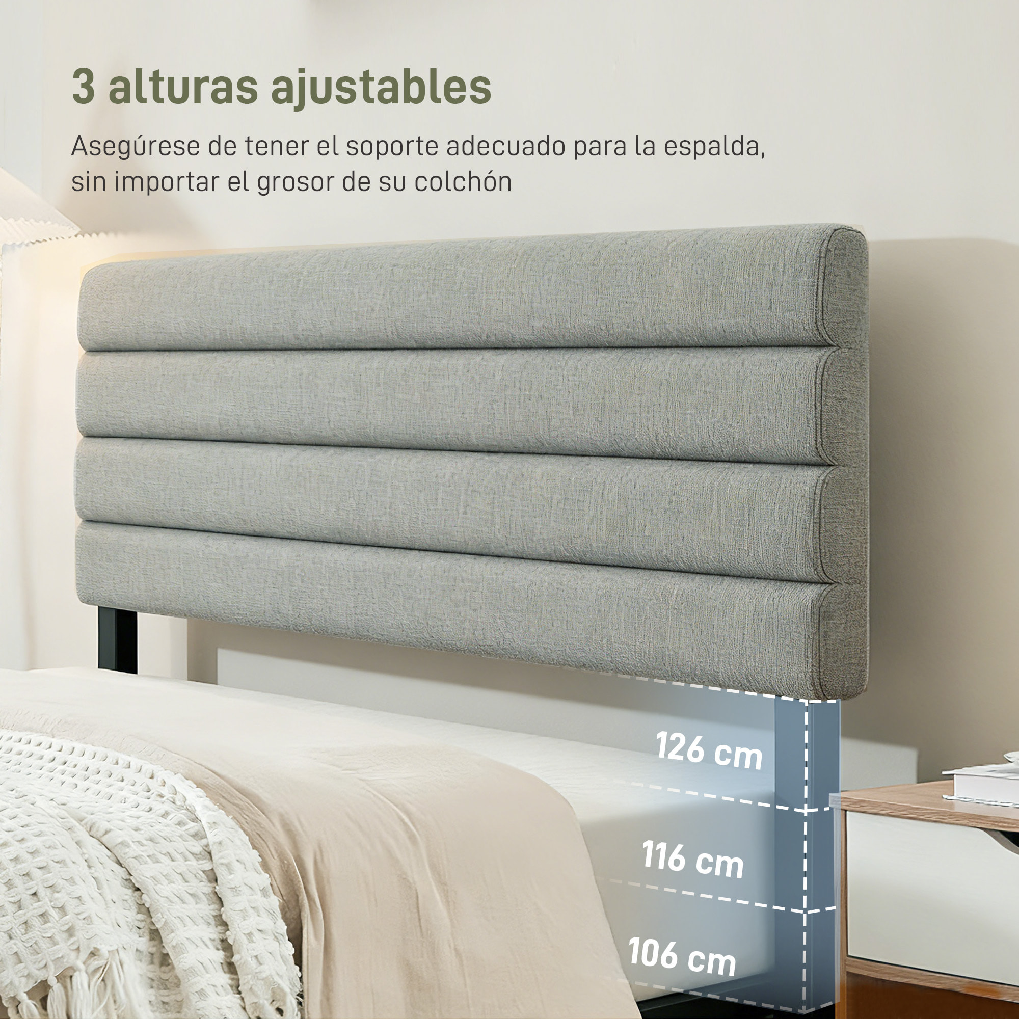 Cabecero de Cama 140 cm, Altura Ajustable 3 Niveles 106/116/126 cm, Cabezal de Cama Tapizado en Lino, Acolchado Linea, con Patas de Acero, Montado a la Pared, Cabecero para Dormitorio, Gris