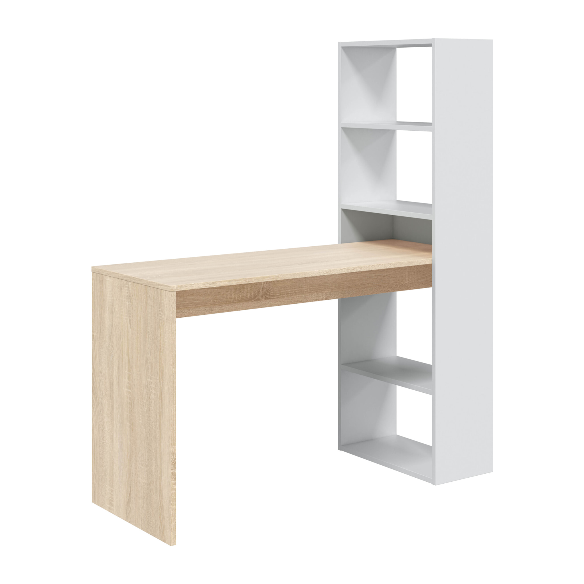 Scrivania Con Libreria Reversibile Kirkensen Scrittoio Scaffali Laterali Mobile Desk da Ufficio Soggiorno Sala Da Pranzo 120x144x53 Cm Bianco e Rovere