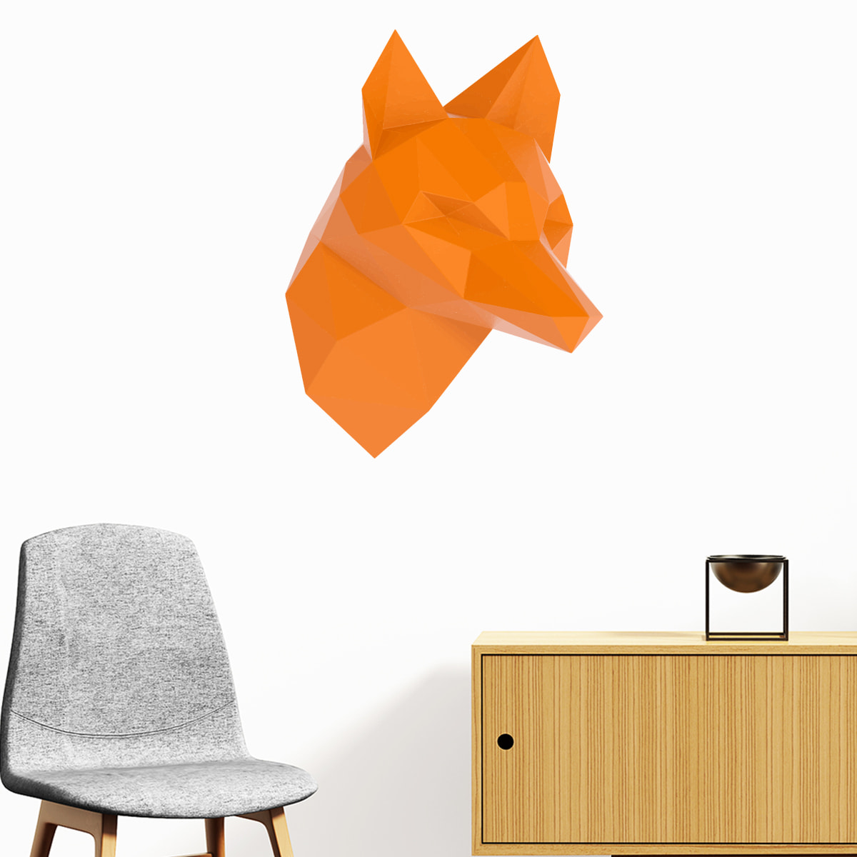 Stickers muraux 3D | Sticker Mural Autocollant effet origami 3D renard orange de profil - Stickers adhésifs 3D Chambre Salon Trompe l'oeil