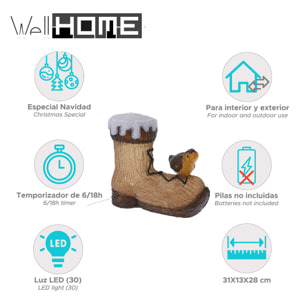 Decoración navideña de bota con pajaritos con 30 luces led 31x13x28cm