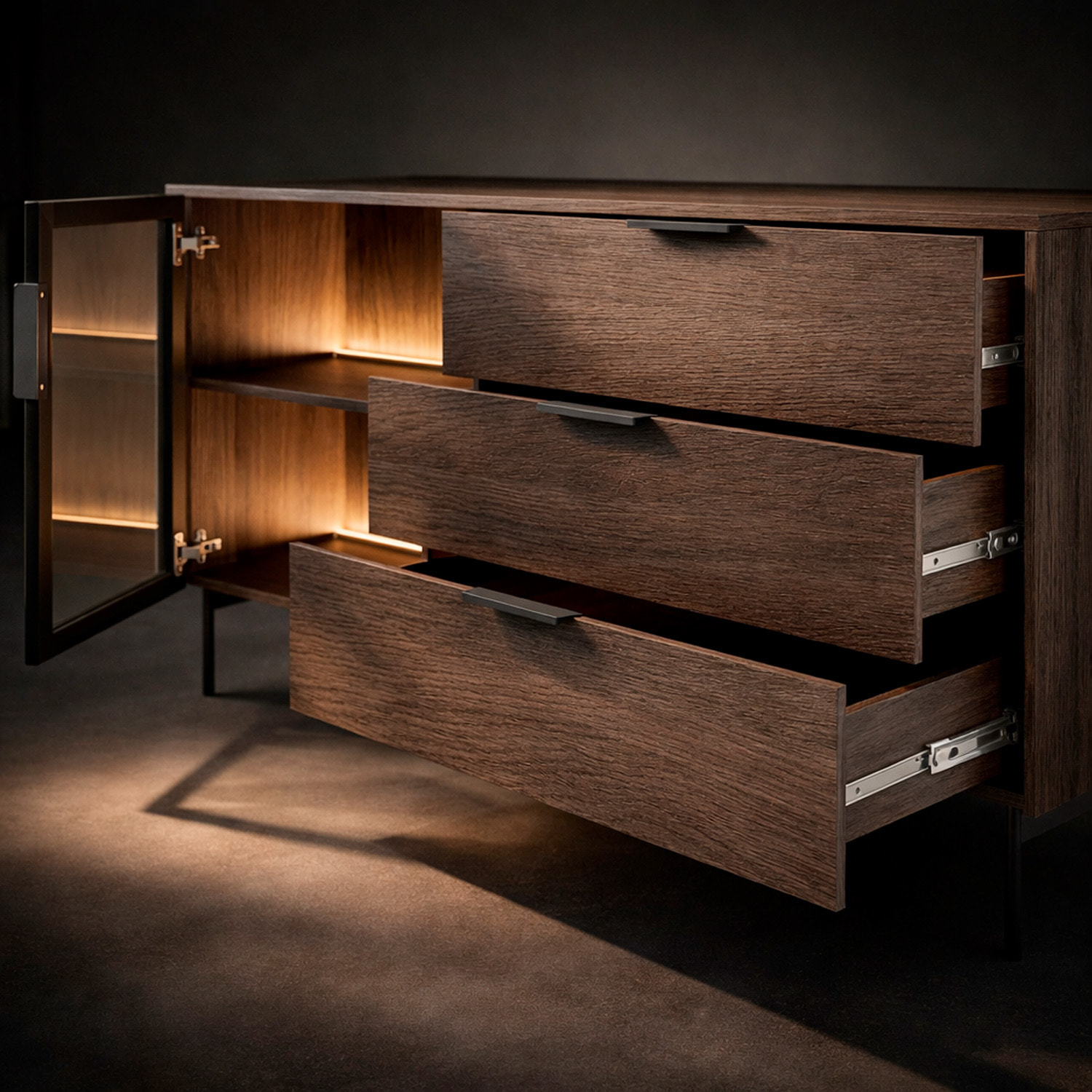 Credenza Madia Moderna Con Vetrina ripiani Cassetti E Illuminazione Led In Melaminico Ideale Soggiorno Sala Da Pranzo 181.3 x 39.3 x 61,5 Cm Rovere