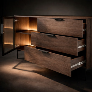Credenza Madia Moderna Con Vetrina ripiani Cassetti E Illuminazione Led In Melaminico Ideale Soggiorno Sala Da Pranzo 181.3 x 39.3 x 61,5 Cm Rovere