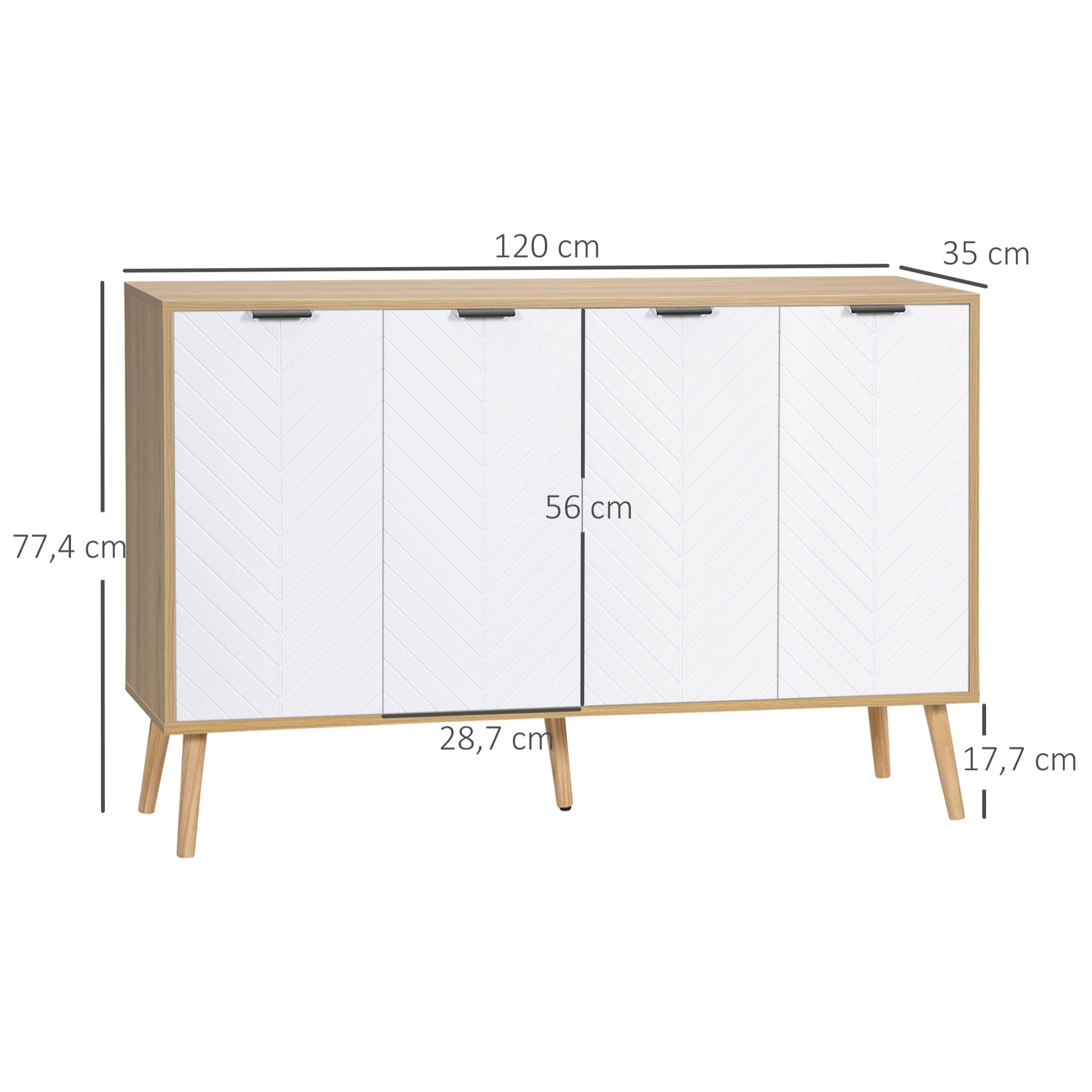 Buffet design scandinave 4 portes 2 étagères piètement bois de pin panneaux portes motif chevrons blanc aspect bois clair