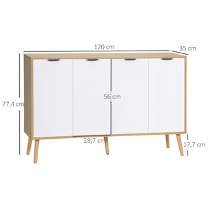 Buffet design scandinave 4 portes 2 étagères piètement bois de pin panneaux portes motif chevrons blanc aspect bois clair