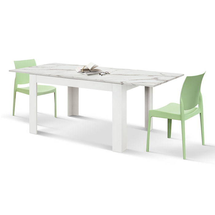 Tavolo LIPARI in legno, finitura bianco statuario e base bianca, allungabile 140x90 cm - 220x90 cm