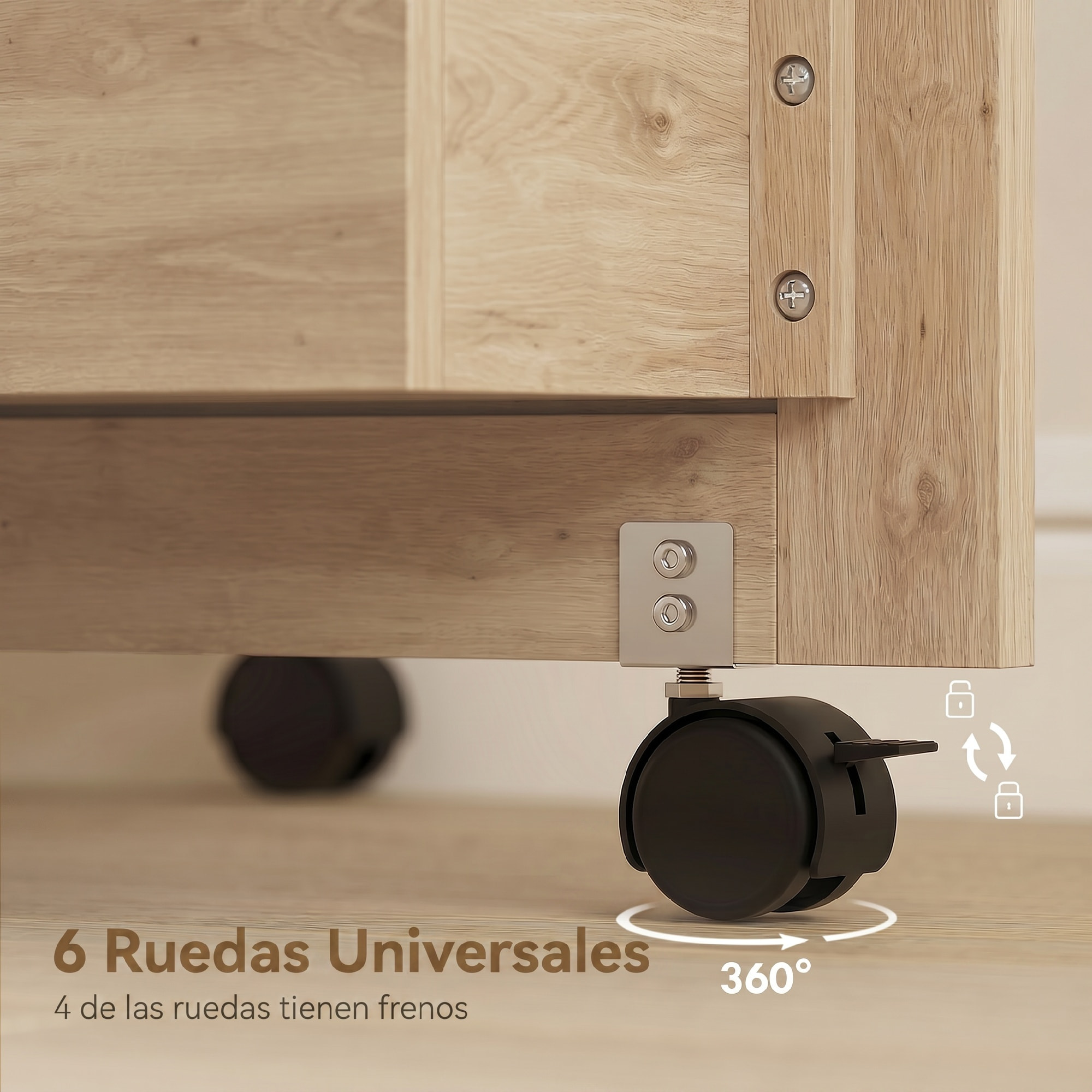 Mesa de Costura Plegable con 6 Ruedas, Mueble para Máquina de Coser con 20 Clavijas para Hilos, 4 Compartimentos, Estante, Armario de Costura para Estudio, Salón, Dormitorio, Roble