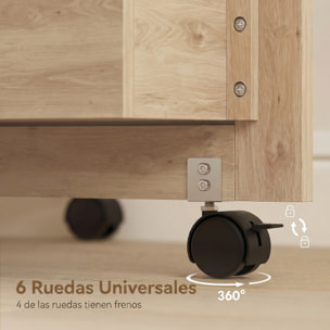 Mesa de Costura Plegable con 6 Ruedas, Mueble para Máquina de Coser con 20 Clavijas para Hilos, 4 Compartimentos, Estante, Armario de Costura para Estudio, Salón, Dormitorio, Roble
