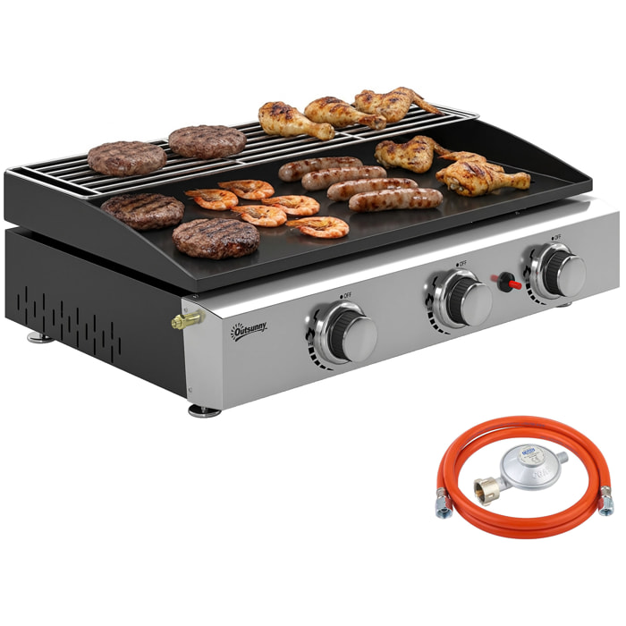 Barbacoa de Gas BBQ Gas con 3 Quemadores 7,5 kW, Barbacoa Portátil con Plancha, Rejilla Calentadora y Recogedor Grasa, para Camping, Picnic, Terraza, Negro