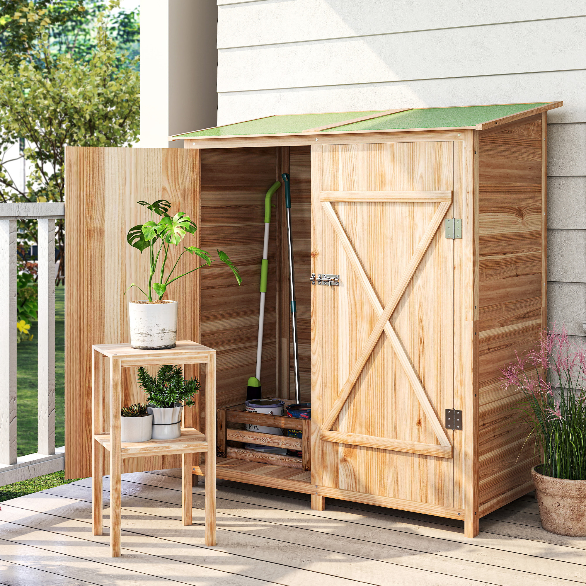 Armoire de jardin bois 2 portes 2 étagères toit bitumé 140 x 75 x 157 cm