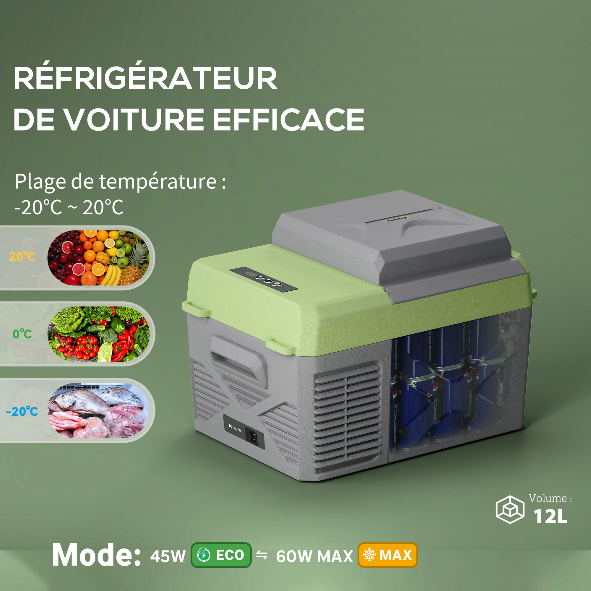 Glacière électrique voiture à compression 12L - réfrigérateur voiture congélateur 12/24V 60W max 2 modes gris vert