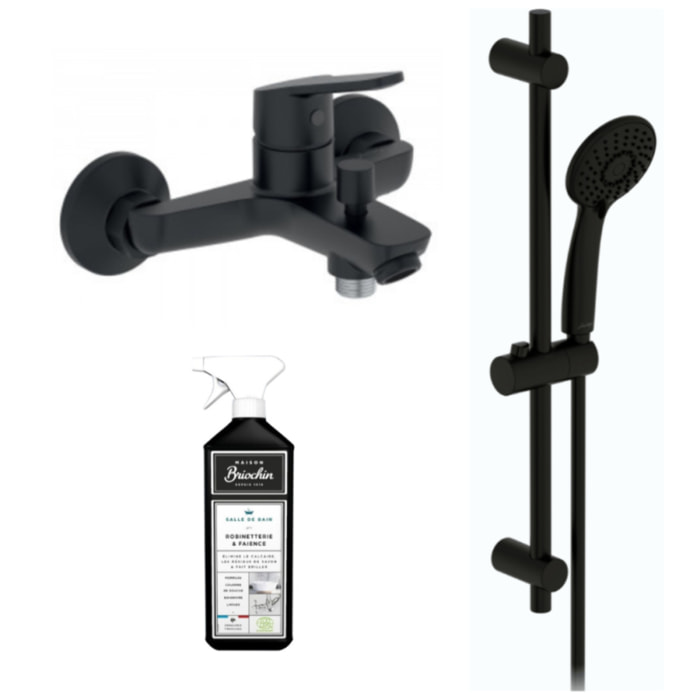 Ensemble bain douche avec mitigeur mécanique mural Aimé noir + nettoyant