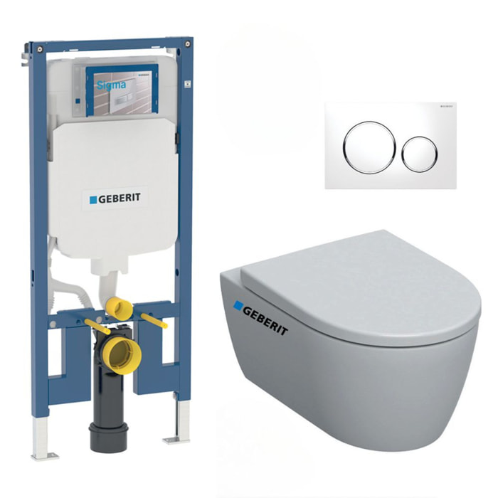 Pack WC Bati-support Geberit Duofix extra-plat + WC sans bride Geberit iCon + Abattant softclose + Plaque blanche (SLIM-iCon-C)
