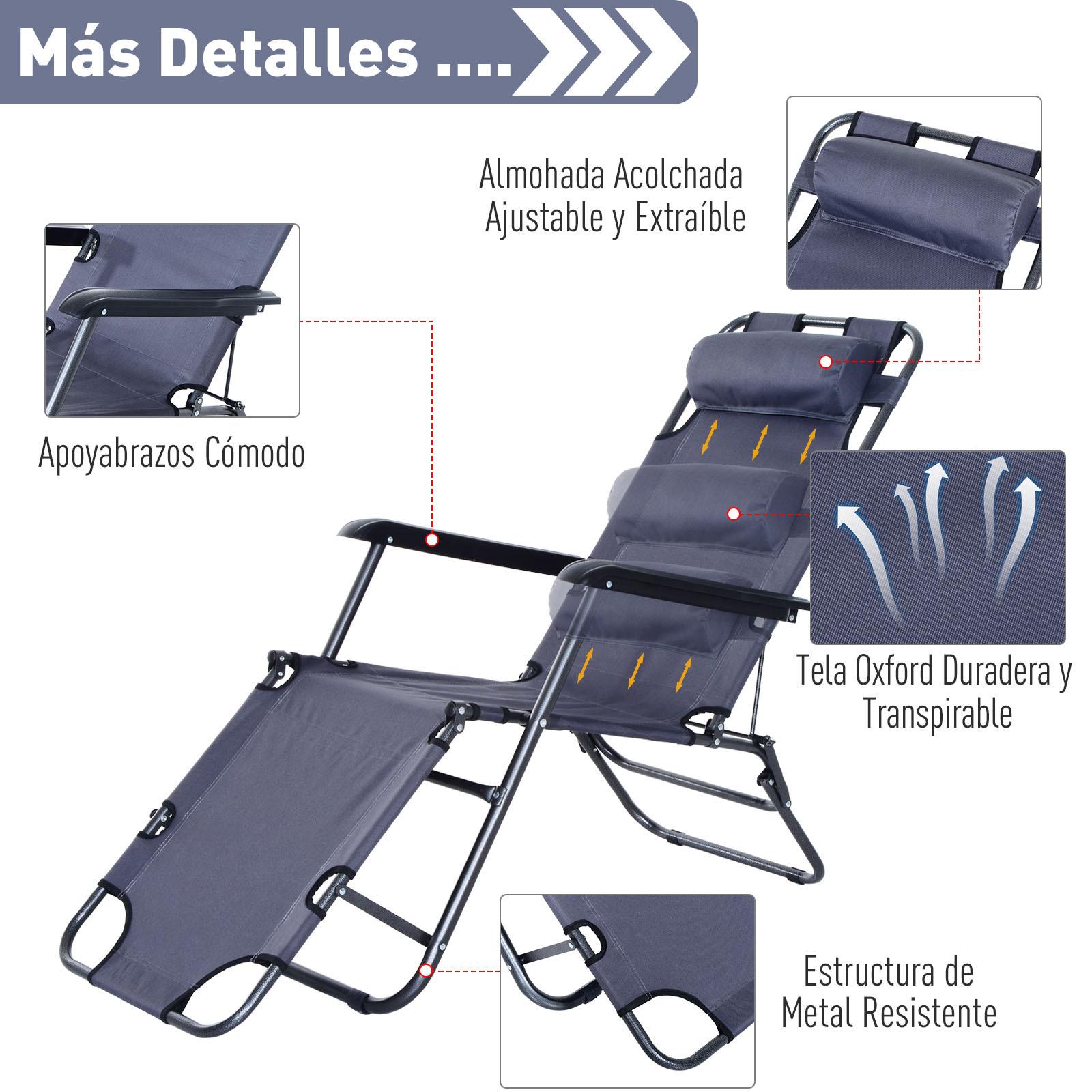 Tumbona Inclinable Acero Plegable con Almohada Playa Camping Piscina Hamaca 178x60x29cm Gris