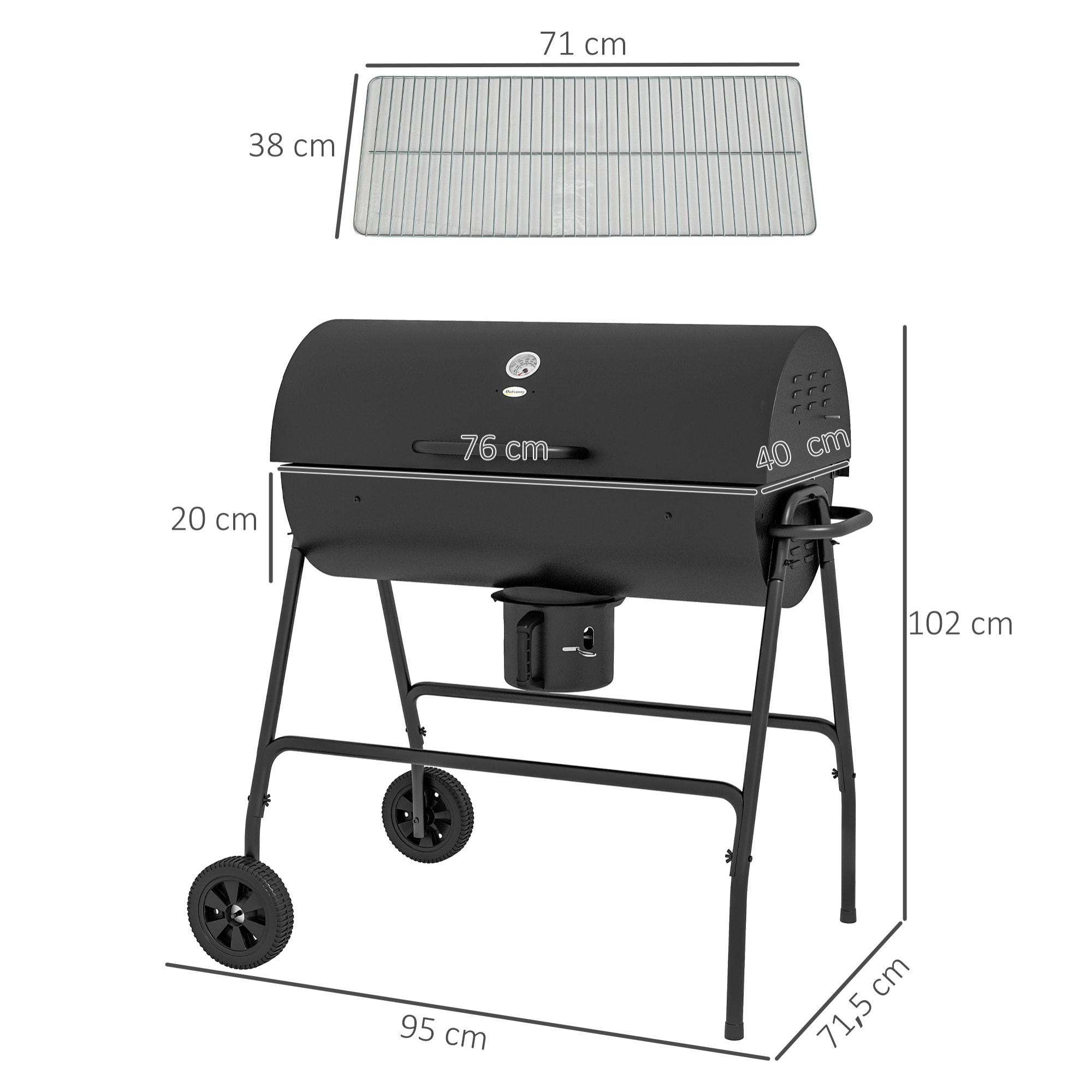 Barbecue à charbon smoker fumoir - 2 grilles, 2 roues, récupérateur cendre, thermomètre - métal noir