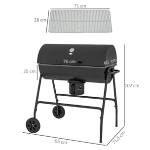 Barbecue à charbon smoker fumoir - 2 grilles, 2 roues, récupérateur cendre, thermomètre - métal noir