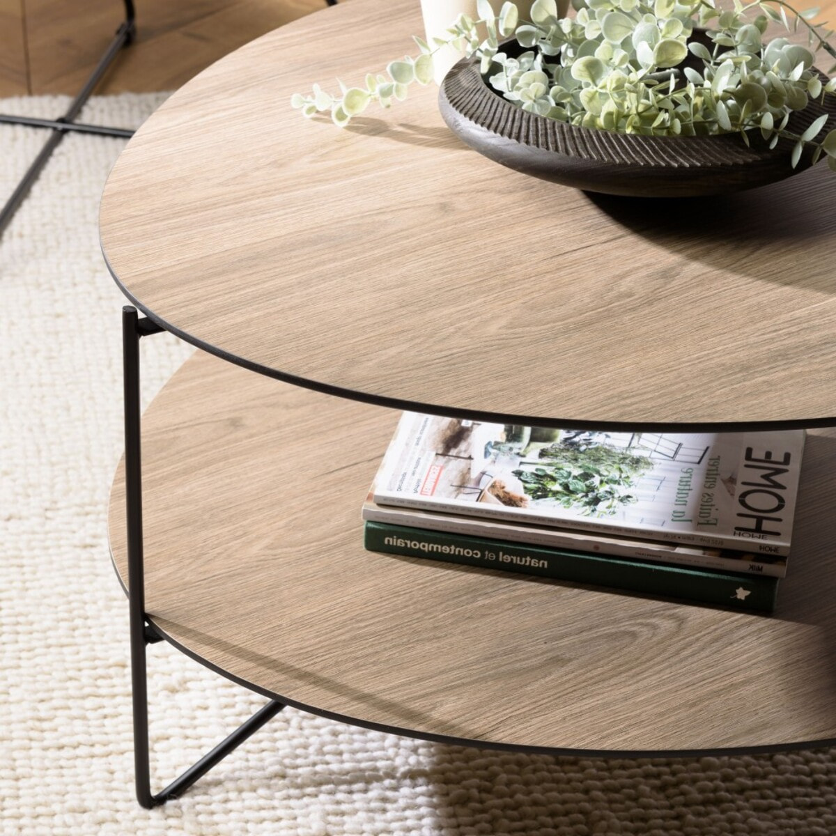 JULIA- Table basse 2 plateaux forme ovoïde couleur mocha pieds métal