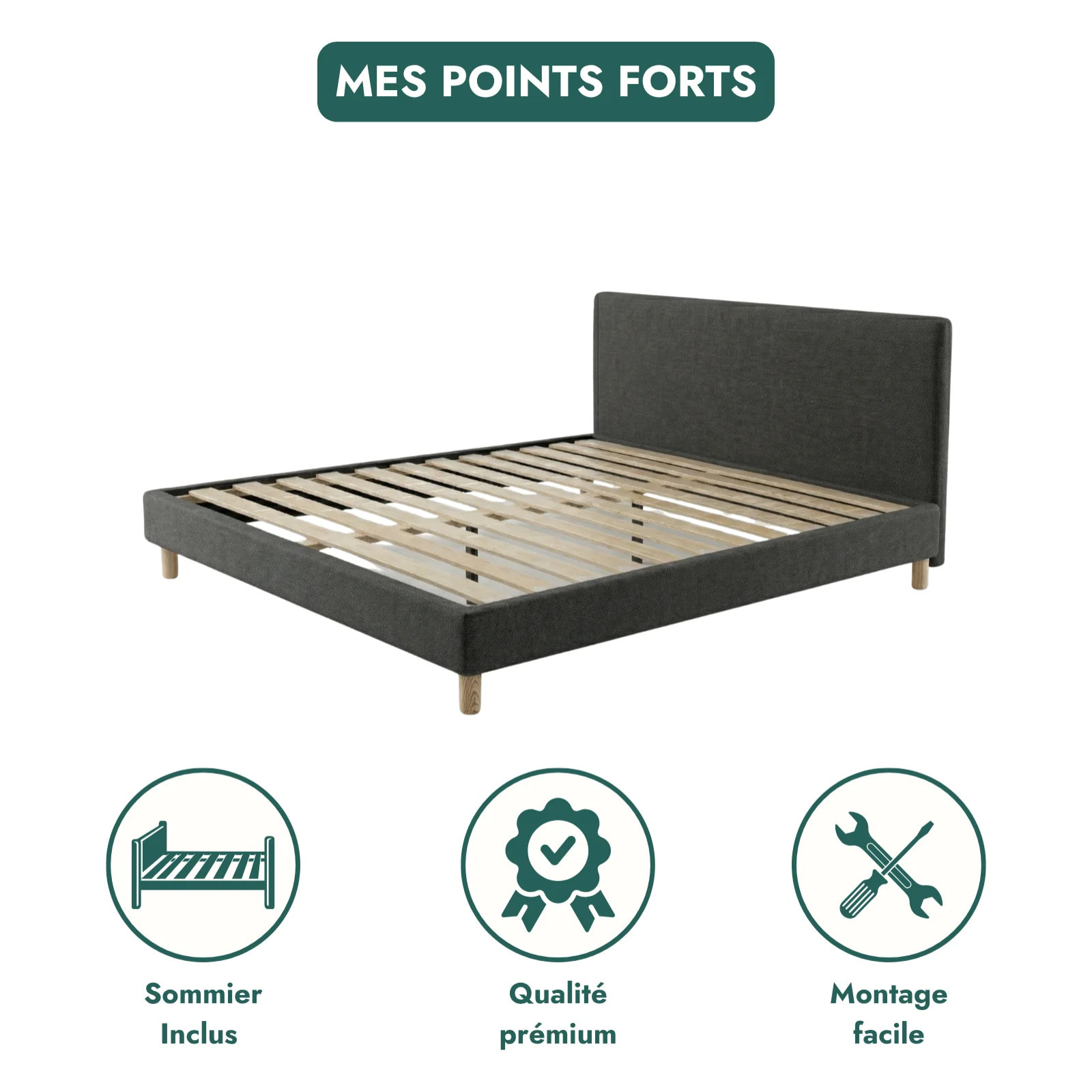 Ensemble matelas Bali & lit fixe Colisée | Mémoire de forme et ressorts ensachés | cadre à lattes | Tissu | Gris foncé