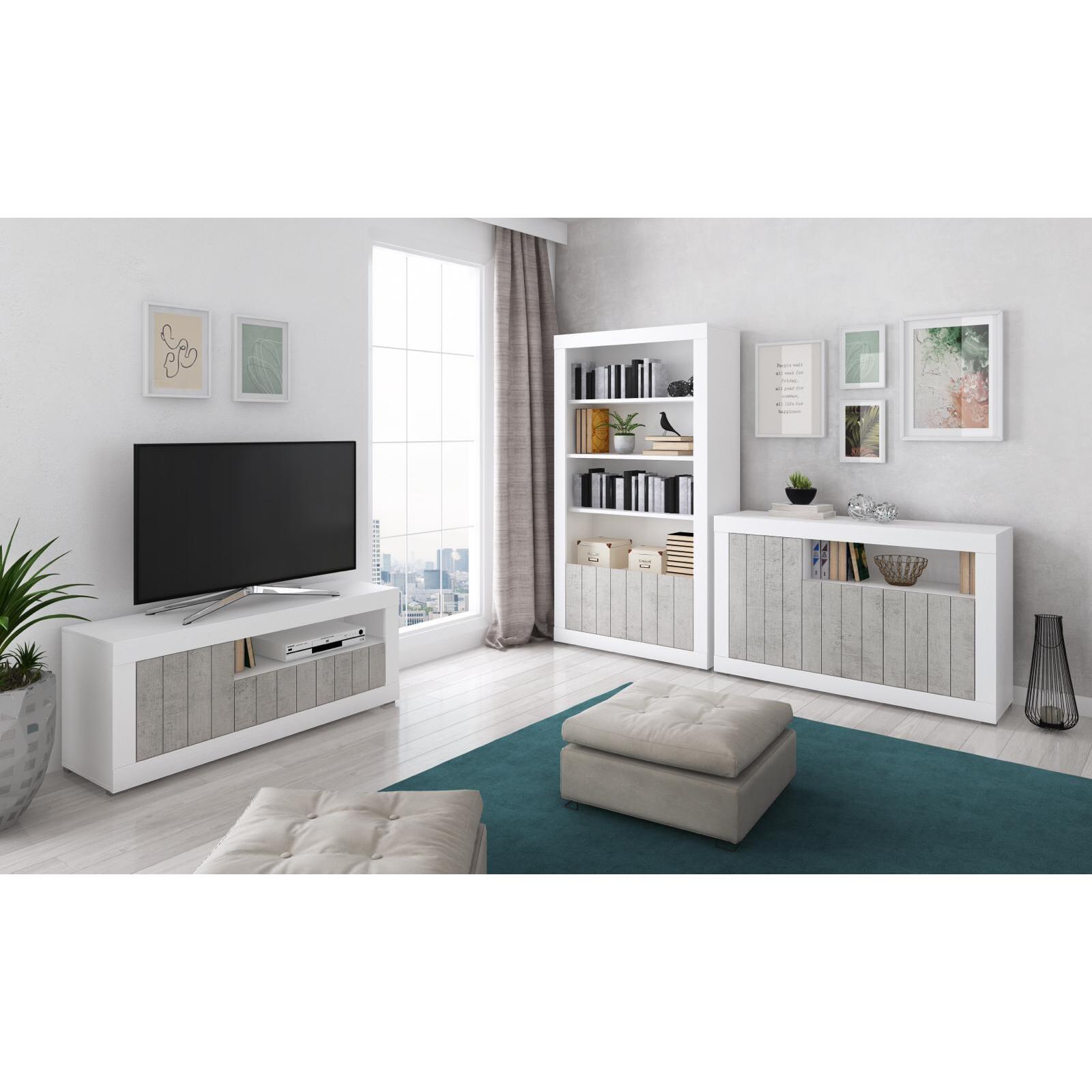 Credenza Alta con 2 Ante Vano A Giorno Madia Soggiorno Cucina Mobile Moderno Multi Spazio e Ripiani Credenza 110x144x42 Cm Bianco e Grigio Cemento